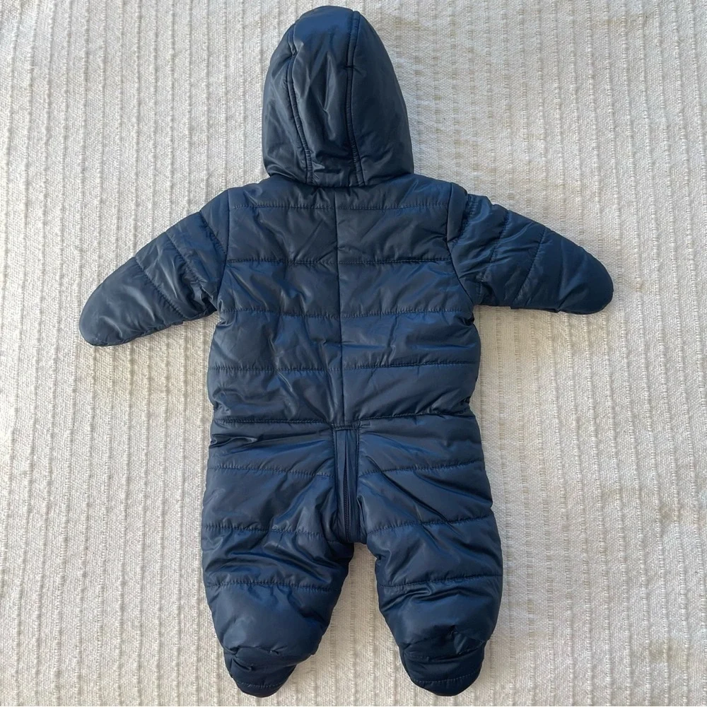 Bundle of two baby winter snowsuits, novelty penguin and neutral navy size 0-3